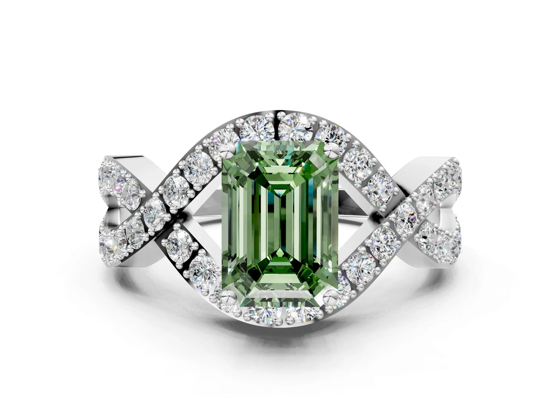 White gold Fancy Green Emerald  Solitaire Twist Band Pavé Diamond Engagement Ring_108