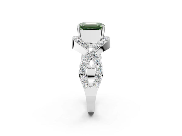 Platinum Fancy Green Emerald  Solitaire Twist Band Pavé Diamond Engagement Ring