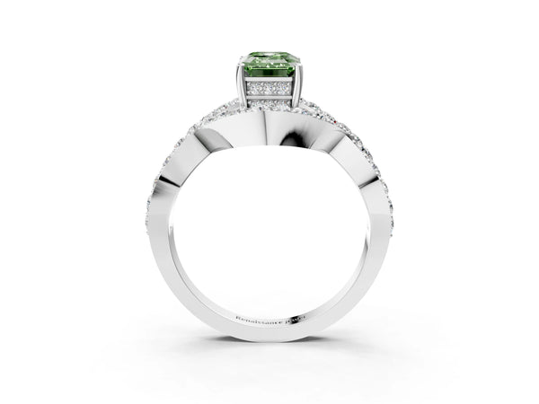 Platinum Fancy Green Emerald  Solitaire Twist Band Pavé Diamond Engagement Ring
