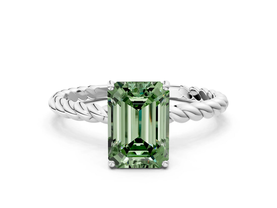 White gold Fancy Green Emerald  Solitaire Twist Band Ring with Four-Prong Setting_16