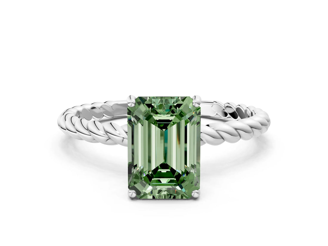 White gold Fancy Green Emerald  Solitaire Twist Band Ring with Four-Prong Setting_164