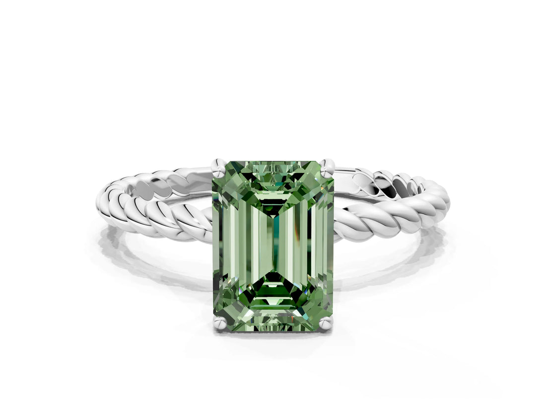 White gold Fancy Green Emerald  Solitaire Twist Band Ring with Four-Prong Setting_38