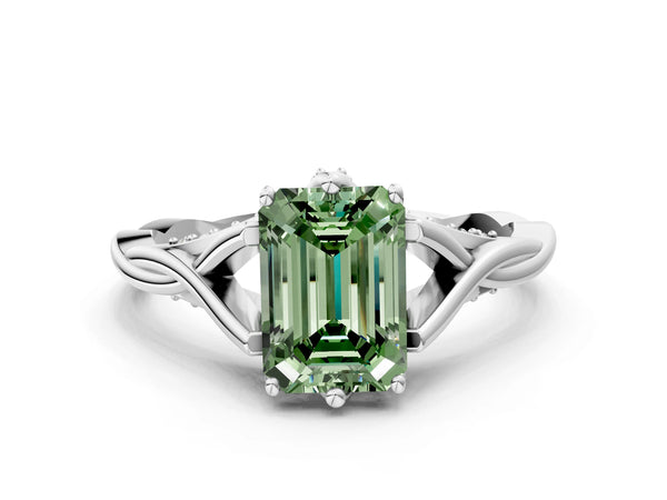 White gold Fancy Green Emerald  Solitaire Twist Band Six-Prong Setting