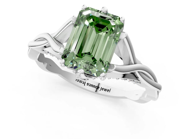 White gold Fancy Green Emerald  Solitaire Twist Band Six-Prong Setting