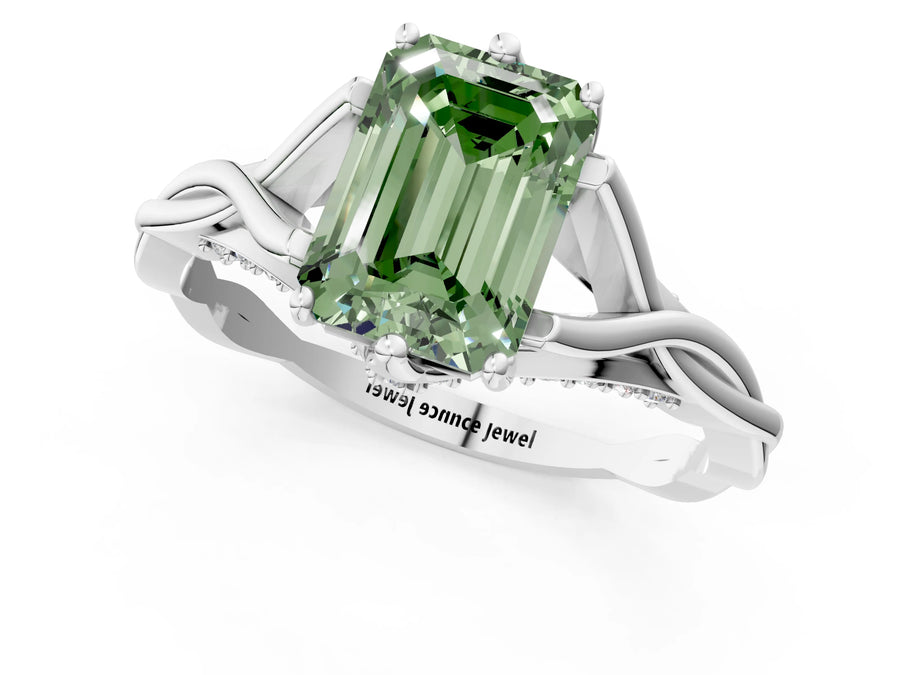 White gold Fancy Green Emerald  Solitaire Twist Band Six-Prong Setting