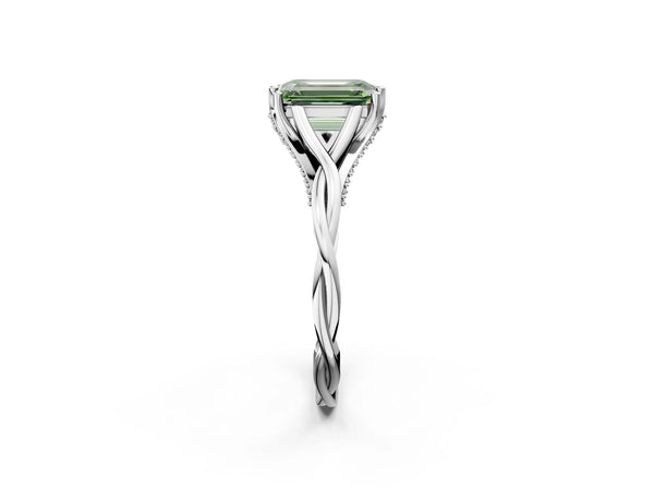 White gold Fancy Green Emerald  Solitaire Twist Band Six-Prong Setting