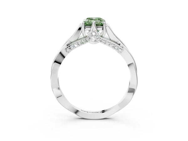 White gold Fancy Green Emerald  Solitaire Twist Band Six-Prong Setting
