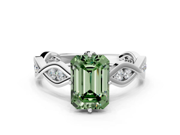 White gold Fancy Green Emerald  Solitaire Twist Band with Leaf Prong Setting