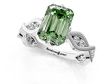 White gold Fancy Green Emerald  Solitaire Twist Band with Leaf Prong Setting 2
