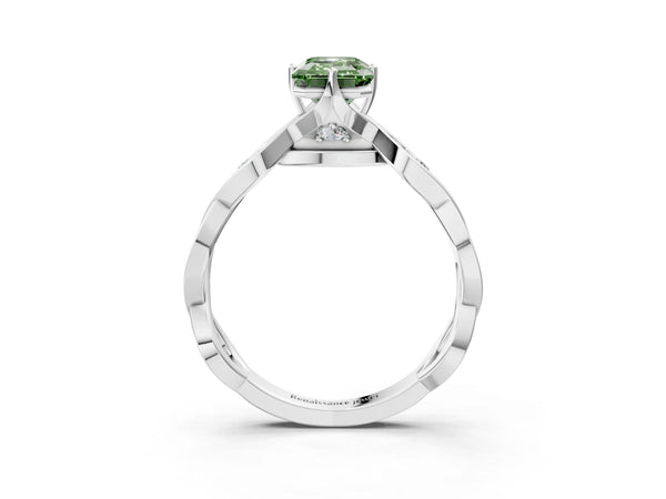 White gold Fancy Green Emerald  Solitaire Twist Band with Leaf Prong Setting