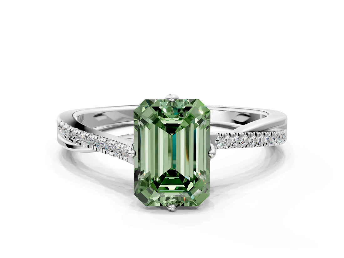 White gold Fancy Green Emerald  Solitaire Twist Band with Pavé Diamonds and Four-Prong Setting_78