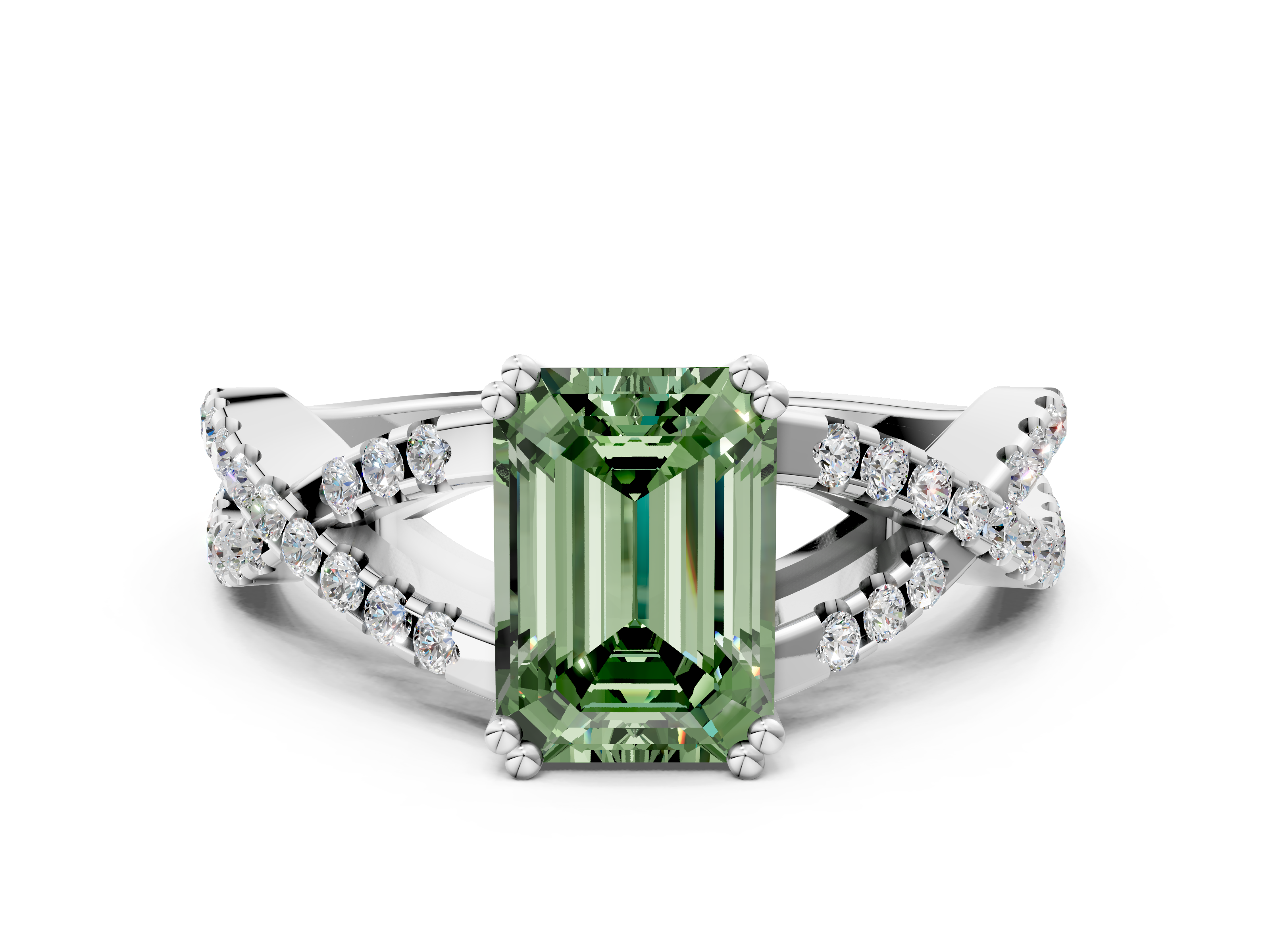 White gold Fancy Green Emerald  Solitaire Twist Band with Pavé Setting and Four-Prong Setting_17
