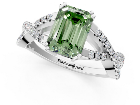 White gold Fancy Green Emerald  Solitaire Twist Band with Pavé Setting and Four-Prong Setting_18