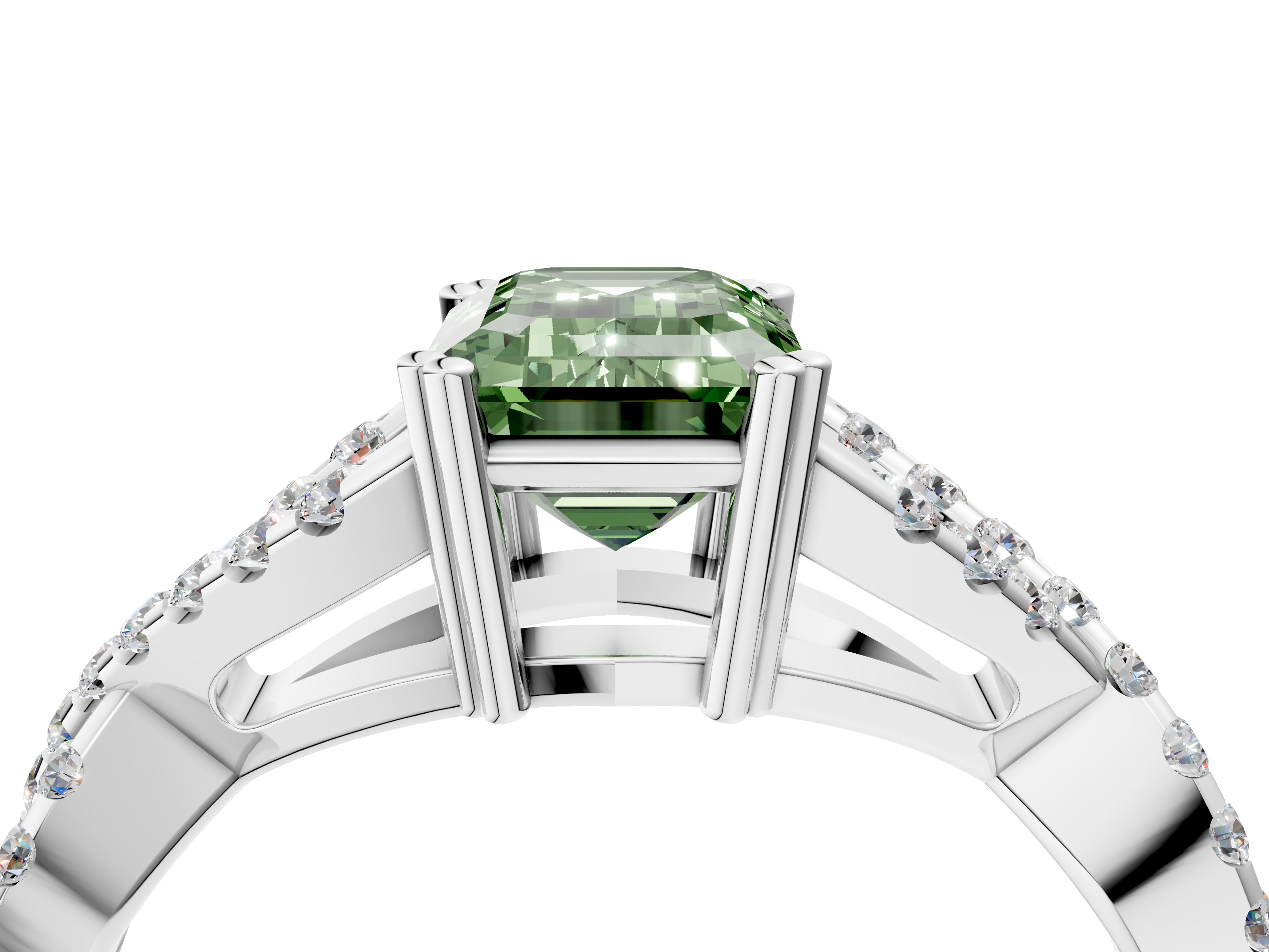 White gold Fancy Green Emerald  Solitaire Twist Band with Pavé Setting and Four-Prong Setting_21