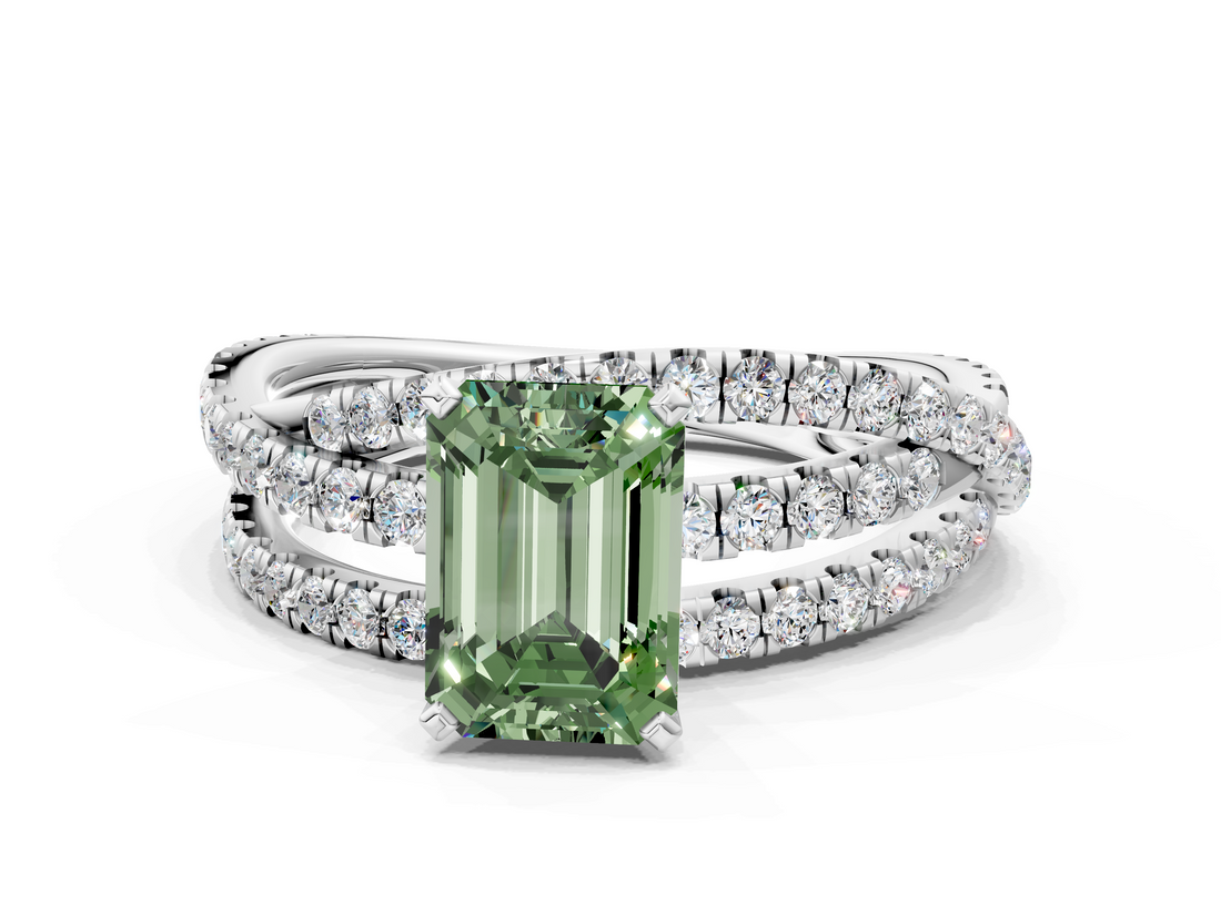 White gold Fancy Green Emerald  Solitaire Twist Band with Pavé Setting and Four-Prong Setting_80