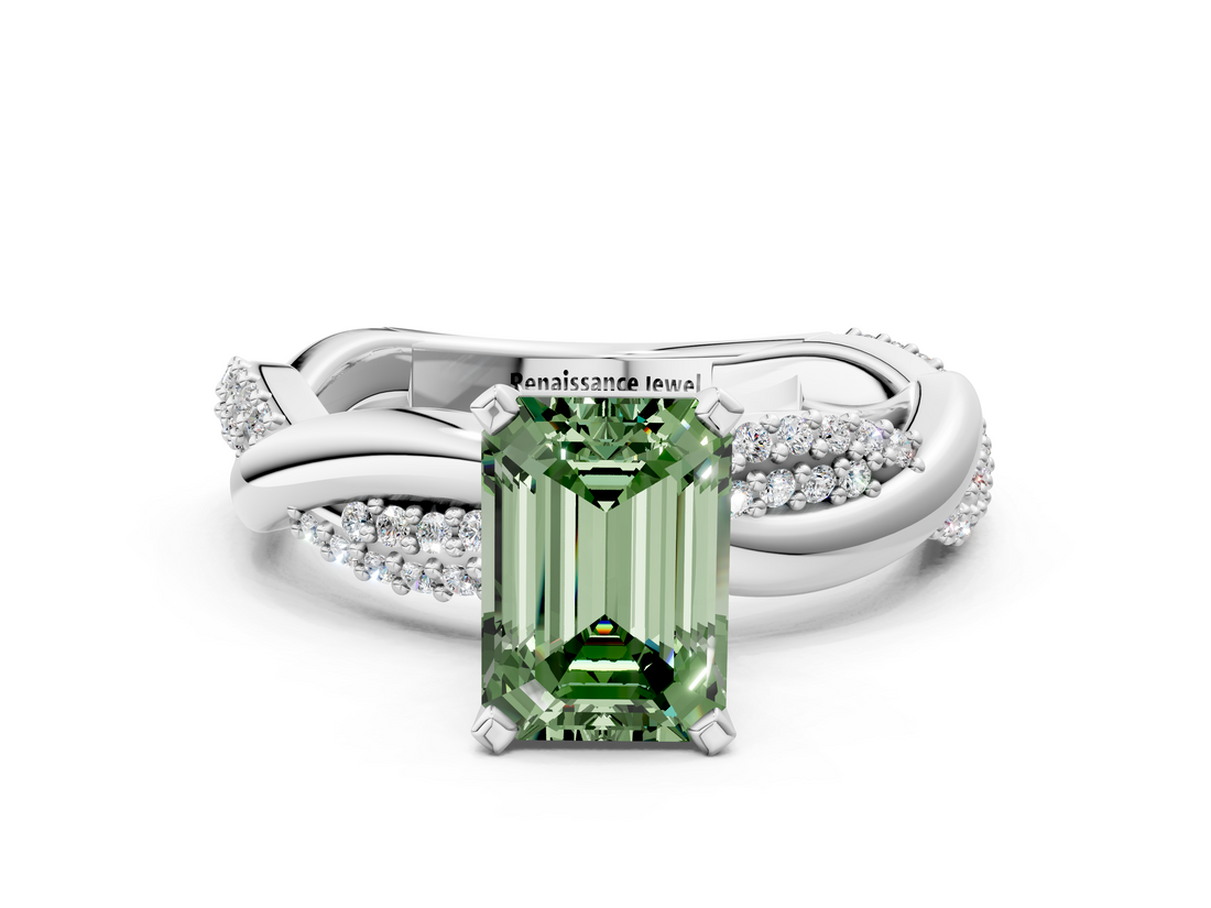 White gold Fancy Green Emerald  Solitaire Twist Band with Pave Prong Setting_77