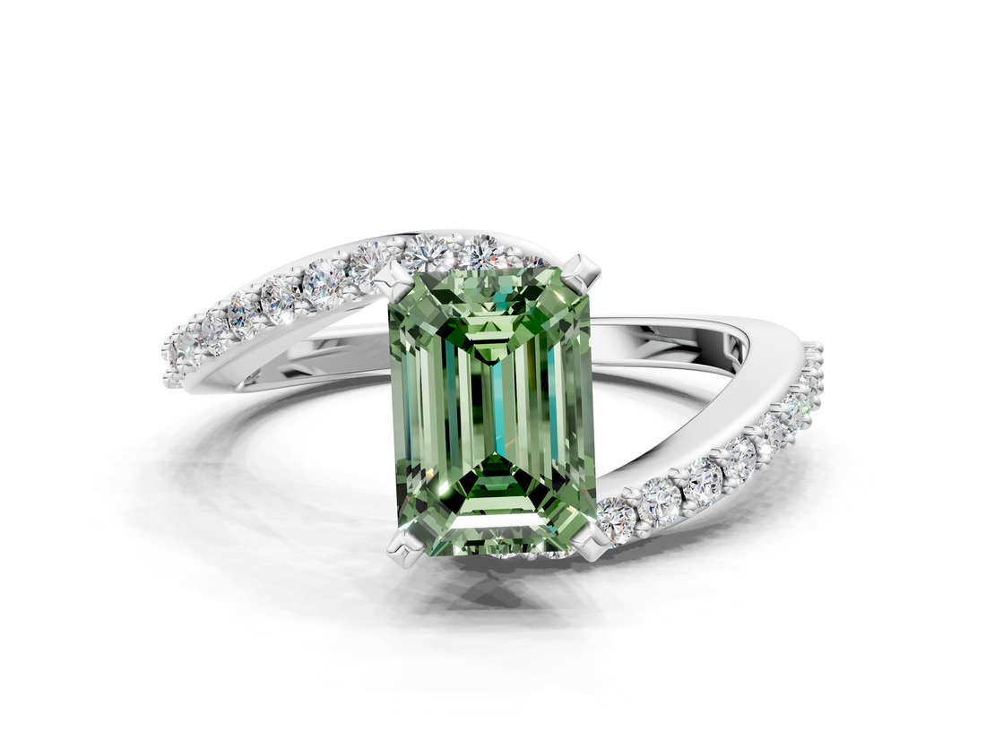White gold Fancy Green Emerald  Solitaire Twist Band with Pave Set Diamonds and Four-Prong Setting_129
