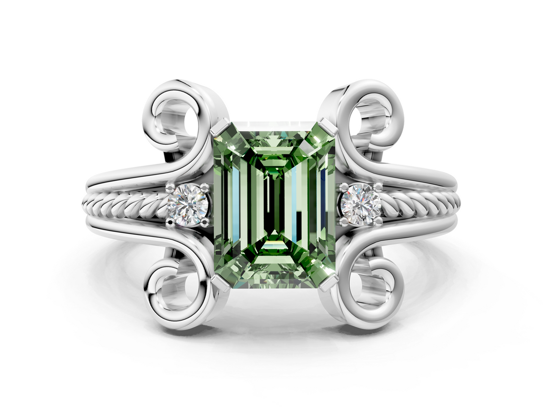 White gold Fancy Green Emerald  Solitaire Twisted Band Scroll Prong Ring_3