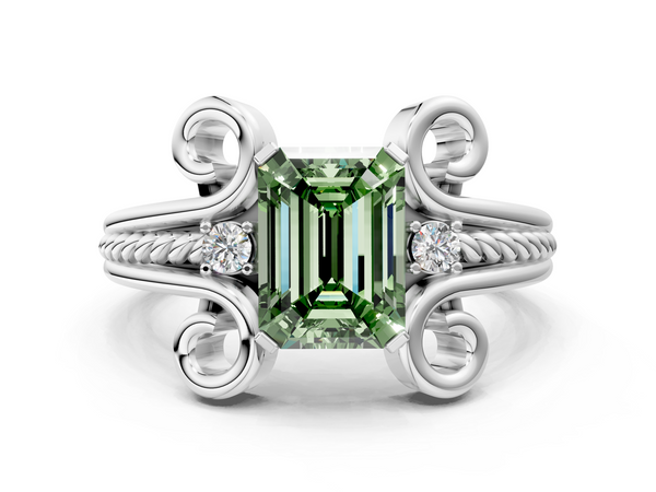 White gold Fancy Green Emerald  Solitaire Twisted Band Scroll Prong Ring