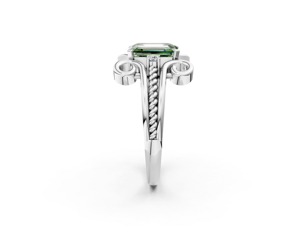 White gold Fancy Green Emerald  Solitaire Twisted Band Scroll Prong Ring