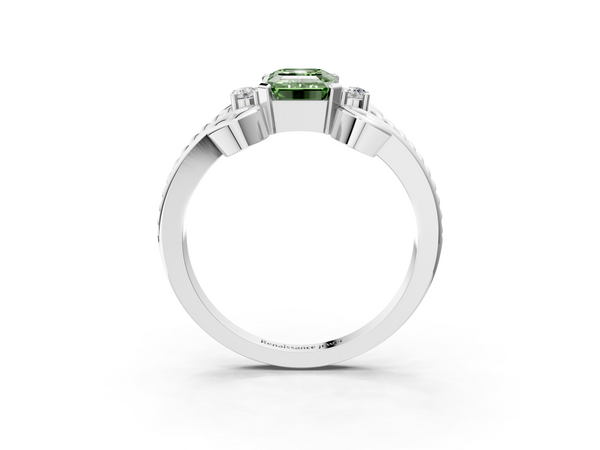 White gold Fancy Green Emerald  Solitaire Twisted Band Scroll Prong Ring
