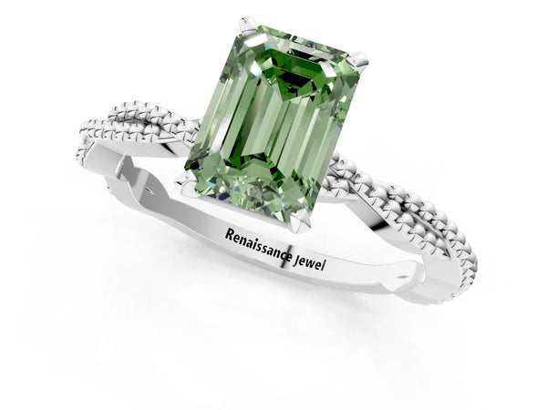 Platinum Fancy Green Emerald  Solitaire Twisted Band with Bead Prong Setting
