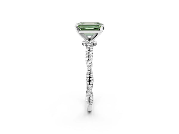 Platinum Fancy Green Emerald  Solitaire Twisted Band with Bead Prong Setting
