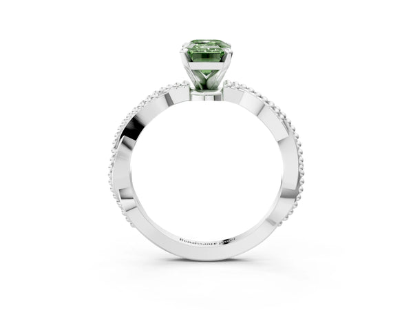 Platinum Fancy Green Emerald  Solitaire Twisted Band with Bead Prong Setting
