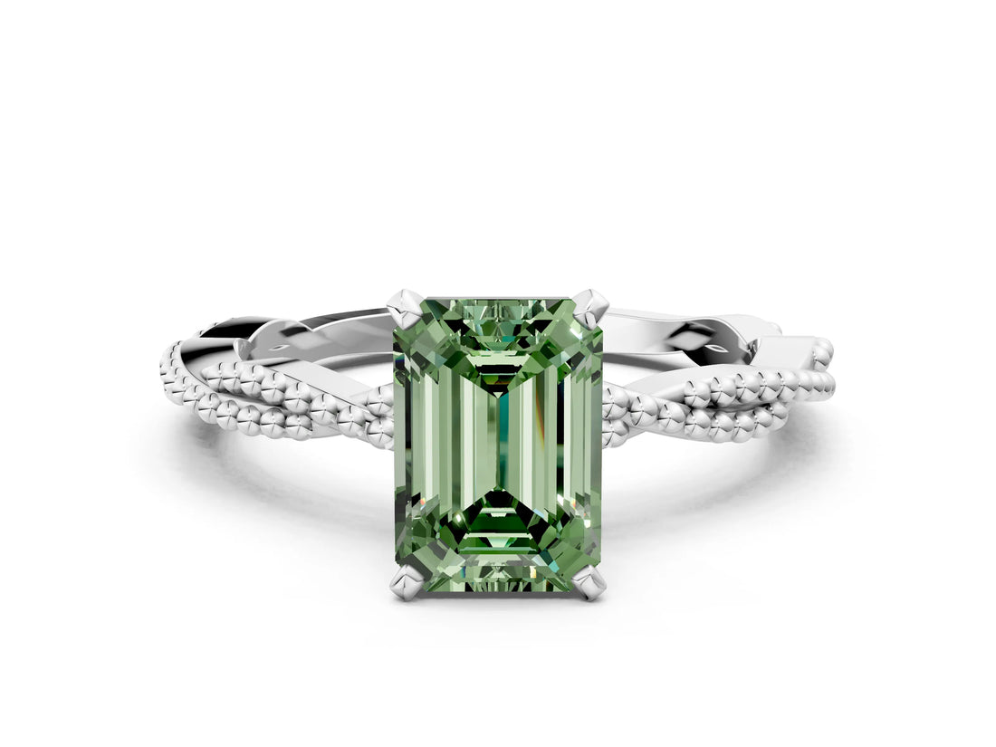 White gold Fancy Green Emerald  Solitaire Twisted Band with Bead Prong Setting_299