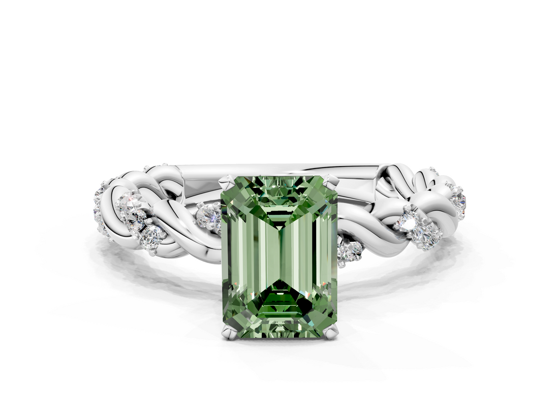 White gold Fancy Green Emerald  Solitaire Twisted Band with Pavé Accents and Four-Prong Setting_3