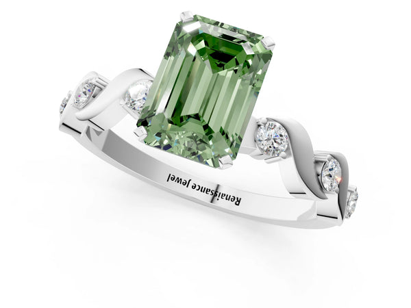 White gold Fancy Green Emerald  Solitaire Twisted Band with Prong Setting