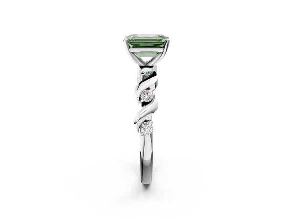 White gold Fancy Green Emerald  Solitaire Twisted Band with Prong Setting