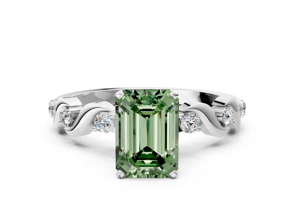 White gold Fancy Green Emerald  Solitaire Twisted Band with Prong Setting