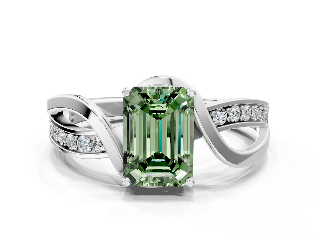 White gold Fancy Green Emerald  Solitaire Twisted Band with Prong Setting_3