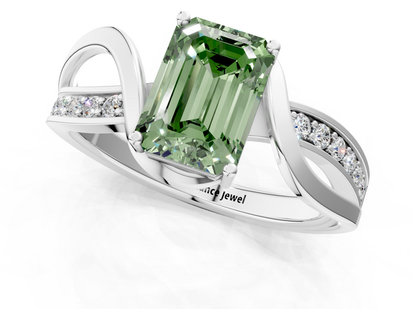 Platinum Fancy Green Emerald  Solitaire Twisted Band with Prong Setting