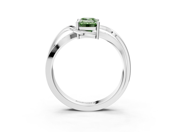 Platinum Fancy Green Emerald  Solitaire Twisted Band with Prong Setting