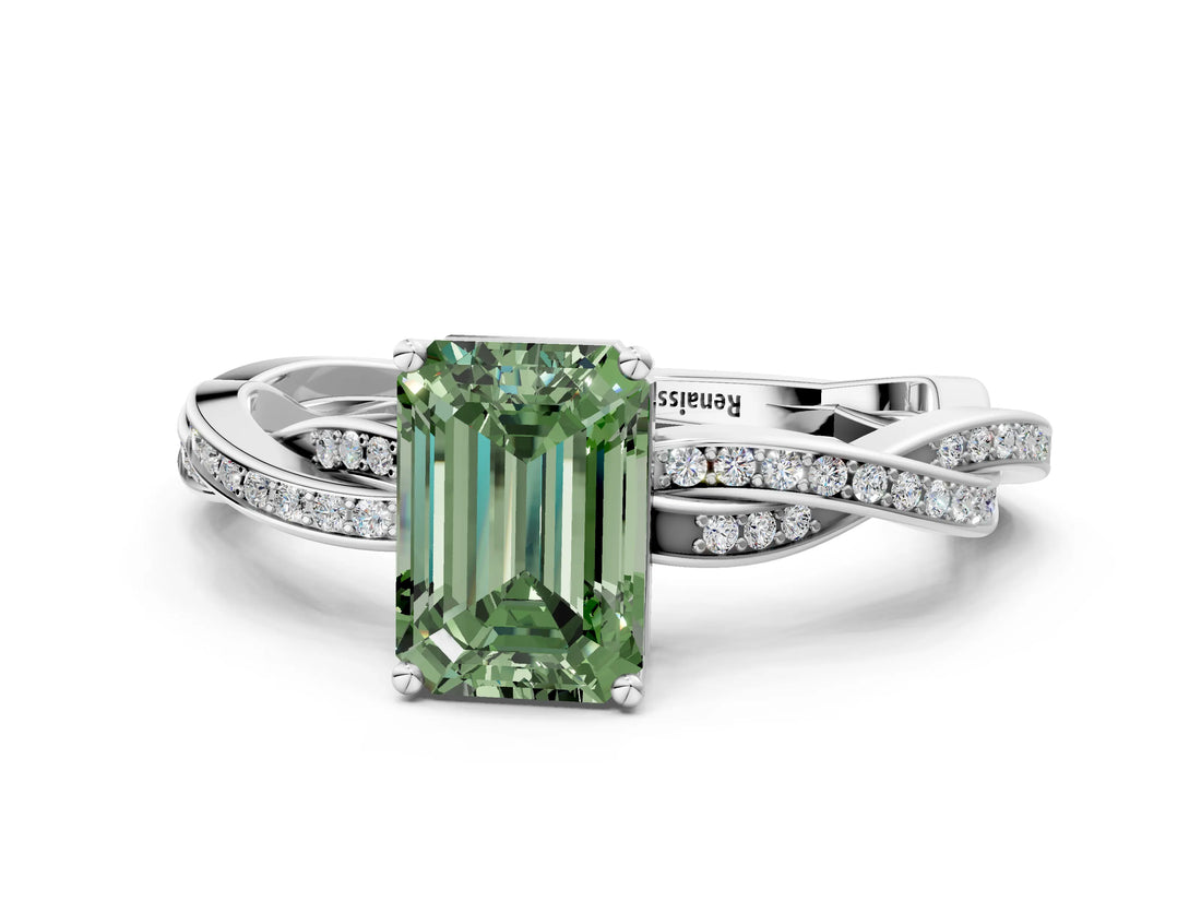 White gold Fancy Green Emerald  Solitaire Twisted Pave Diamond Ring with Four-Prong Setting_128