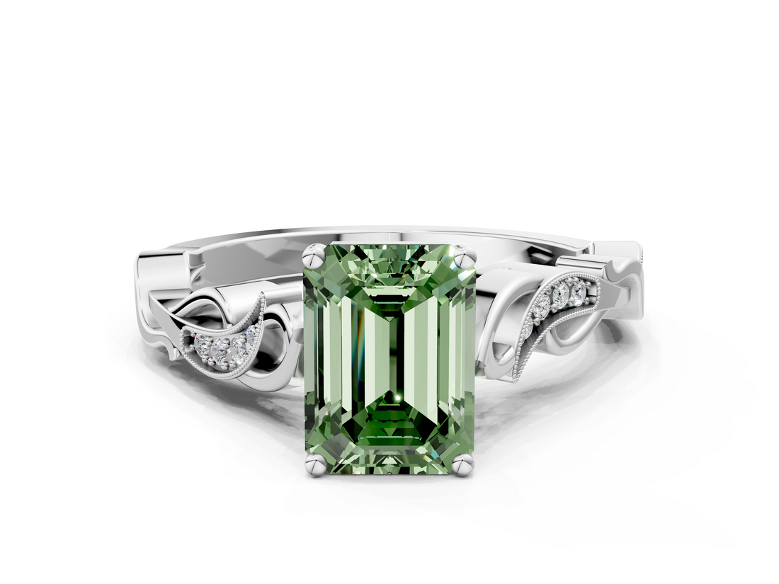 White gold Fancy Green Emerald  Solitaire Vine Band with Milgrain Prong Setting_3
