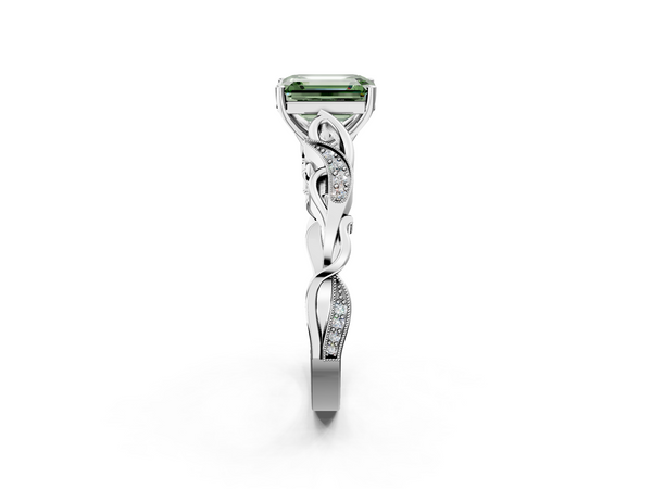 White gold Fancy Green Emerald  Solitaire Vine Band with Milgrain Prong Setting