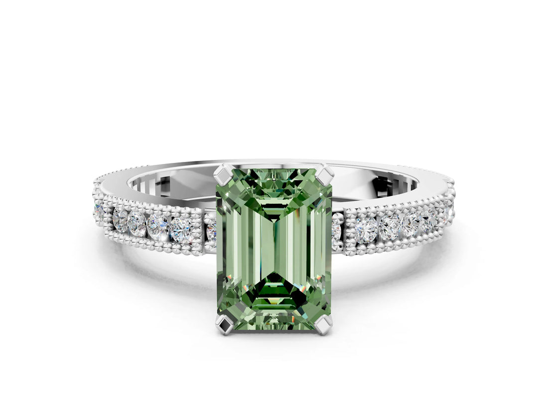 White gold Fancy Green Emerald  Solitaire with Pavé Band and Four-Prong Setting_348