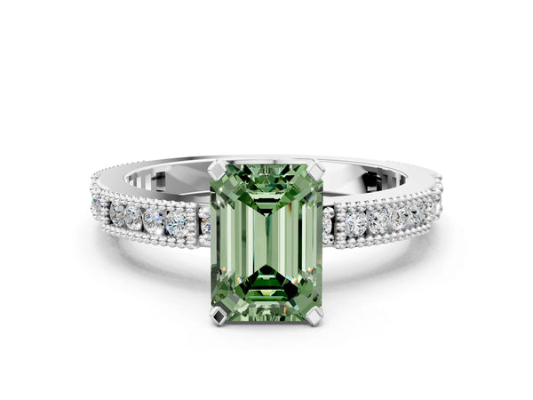 White gold Fancy Green Emerald  Solitaire with Pavé Band and Four-Prong Setting