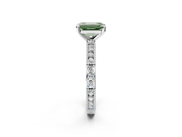 White gold Fancy Green Emerald  Solitaire with Pavé Band and Four-Prong Setting