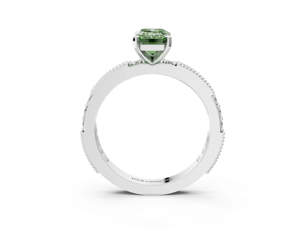 White gold Fancy Green Emerald  Solitaire with Pavé Band and Four-Prong Setting
