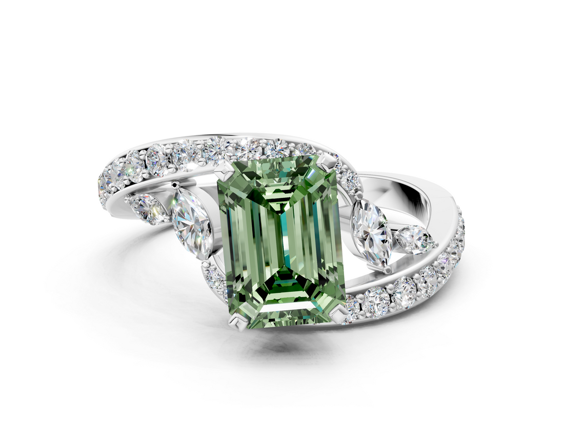 White gold Fancy Green Emerald  Solitaire with Pavé Twist Band and Four-Prong Setting_116