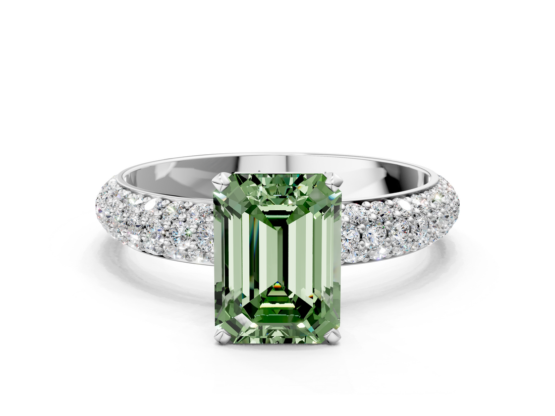 White gold Fancy Green Emerald  Solitaire with Pave Band and Four-Prong Setting_3