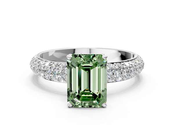 White gold Fancy Green Emerald  Diamond Solitaire Ring with Prong Setting and Pavé Band