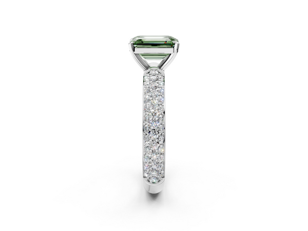 White gold Fancy Green Emerald  Diamond Solitaire Ring with Prong Setting and Pavé Band