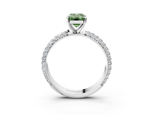 White gold Fancy Green Emerald  Diamond Solitaire Ring with Prong Setting and Pavé Band