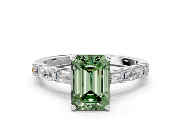 Platinum Fancy Green Emerald Cut Diamond Solitaire with Side Baguettes and Channel Set Band