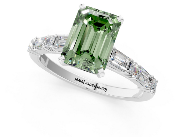 Platinum Fancy Green Emerald Cut Diamond Solitaire with Side Baguettes and Channel Set Band